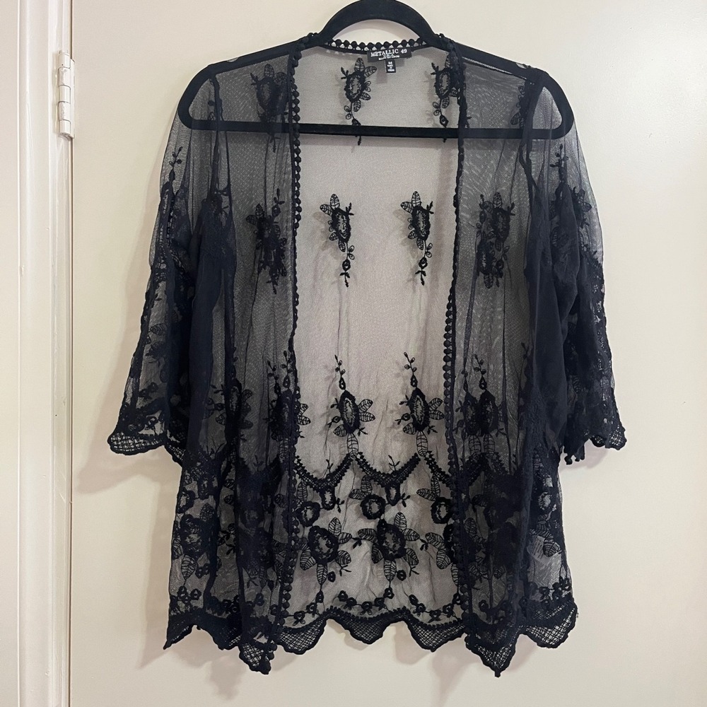 Metallic Women Floral Embroidered Lace Duster Top Medium Boho Whimsigoth Kimono